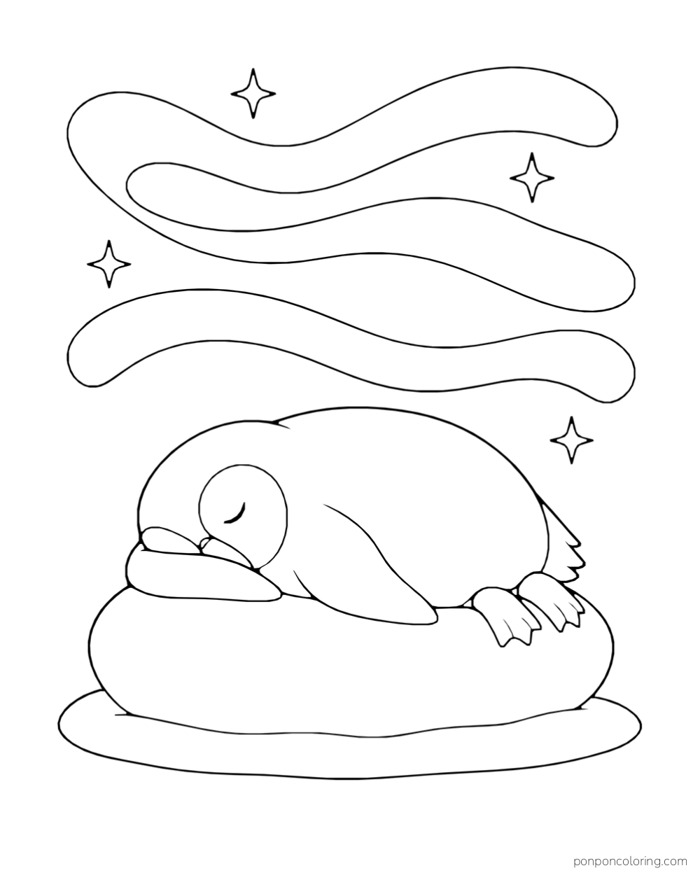 A penguin sleeps on a rounded mound beneath three broad aurora ribbons and four stars.