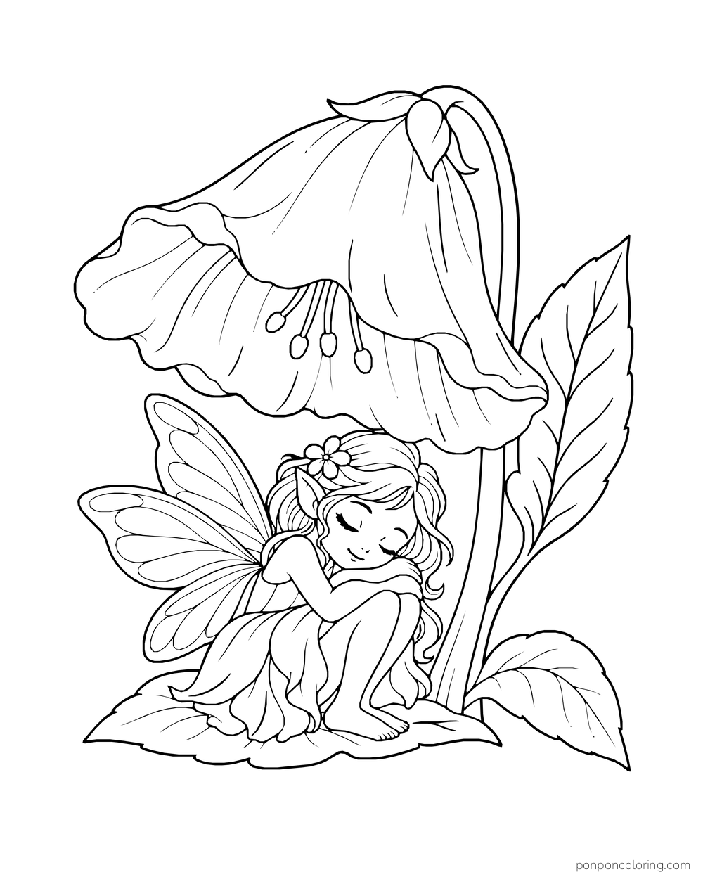Sleeping fairy curled beneath a huge drooping flower.