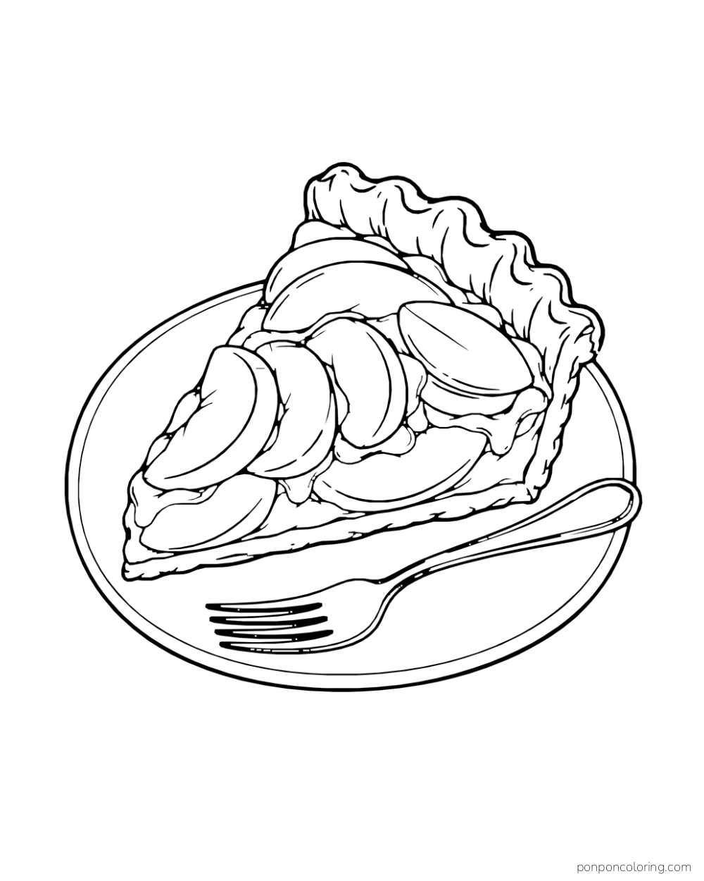 Slice of peach tart on a plate beside a fork.