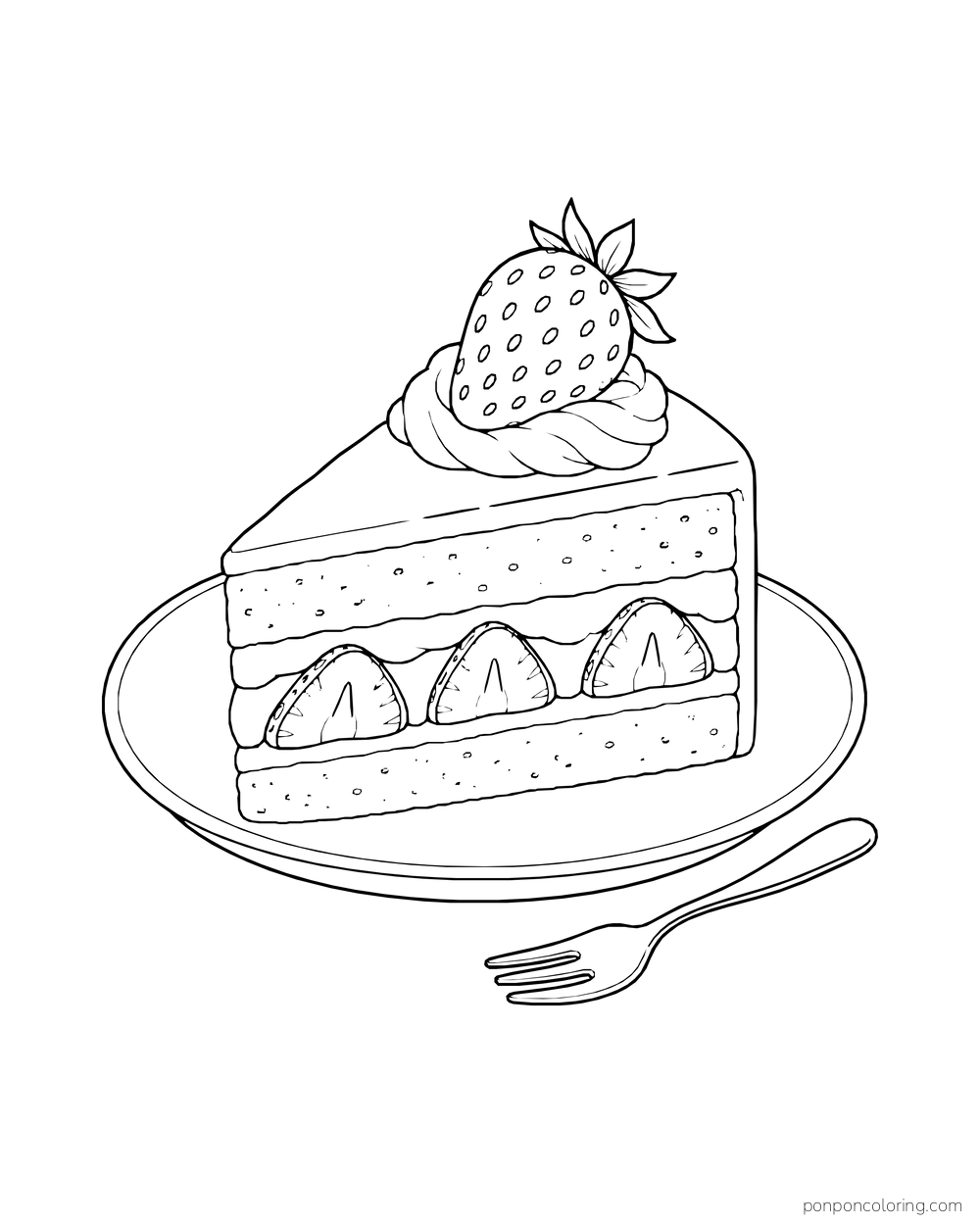 A slice of layered strawberry cake with one berry on top sits on a plate beside a fork.