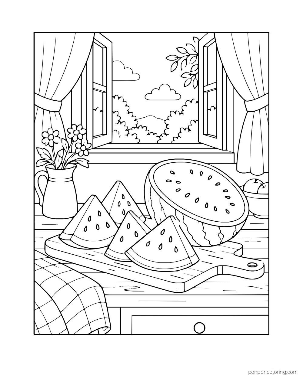 Watermelon wedges and a cut half on a kitchen board beneath an open window.