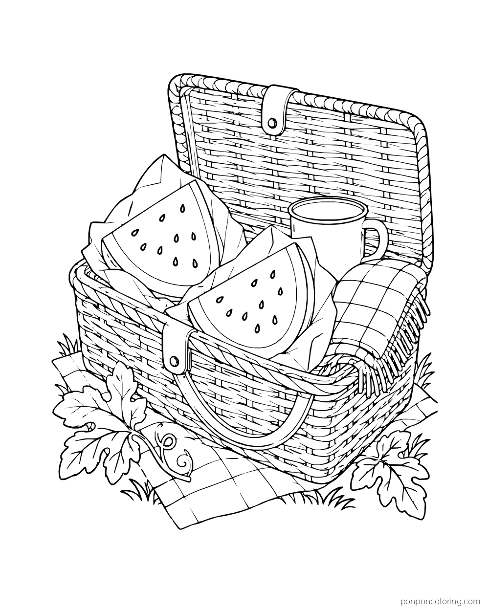 Two watermelon wedges, a cup, and folded cloth tucked into an open wicker picnic basket.
