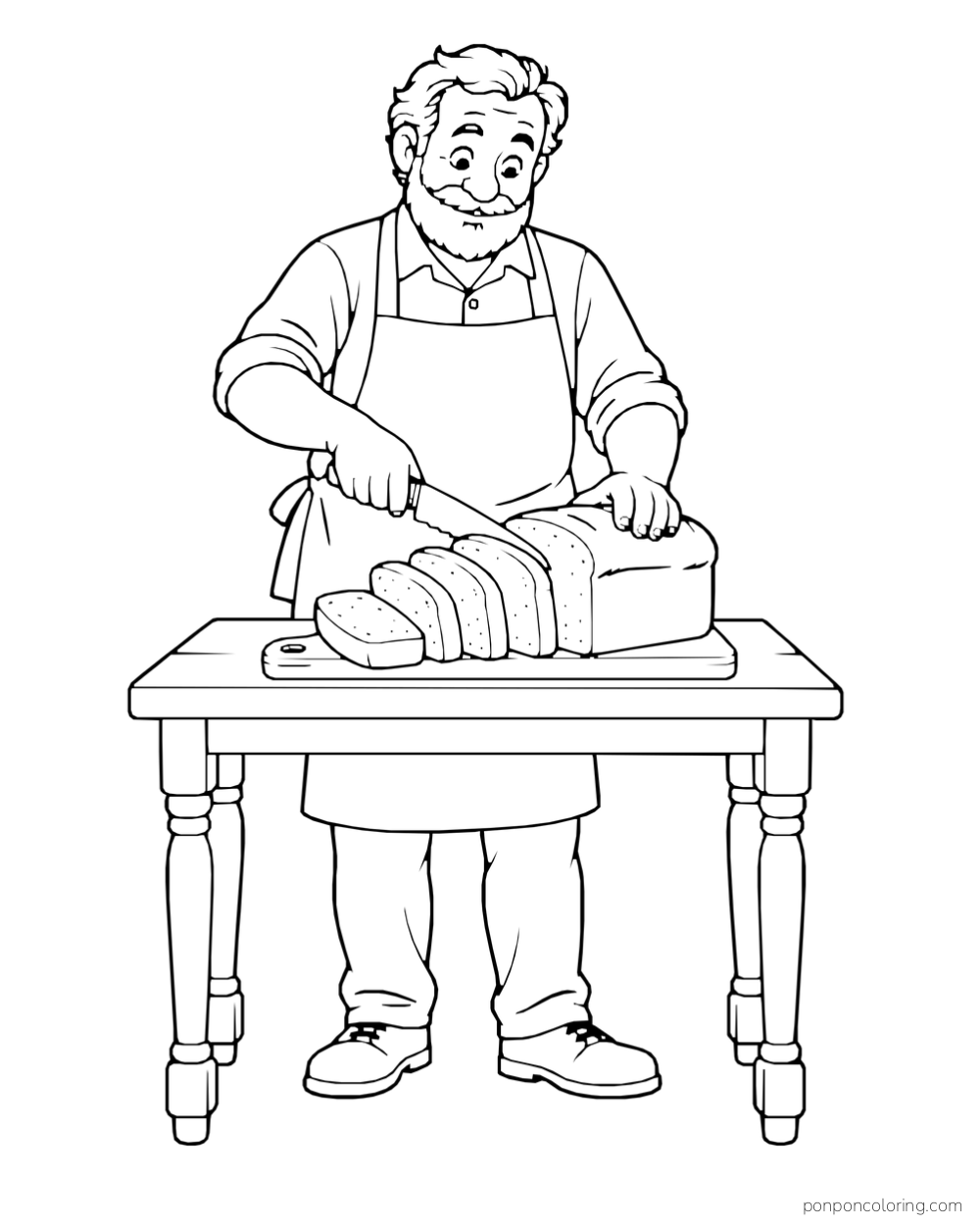 A baker slices a long loaf on a complete table, with several slices lined up by the knife.