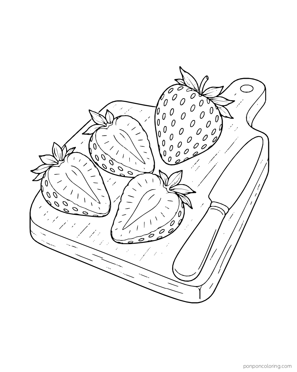 Several strawberry halves and one whole fruit lie on a board beside a butter knife.