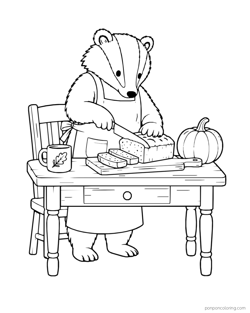 A badger in an apron slices a loaf on a cutting board beside a mug and pumpkin on a wooden table.
