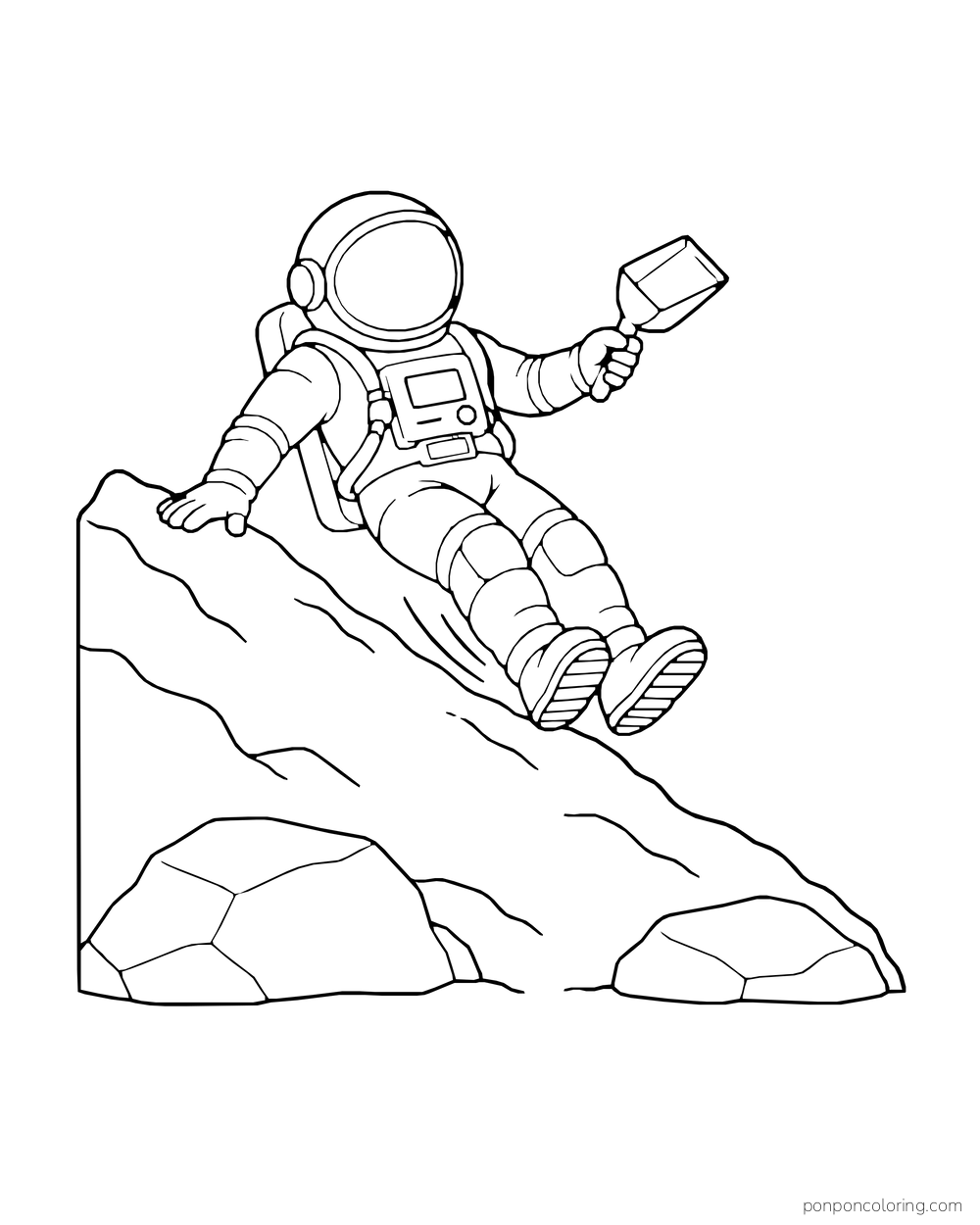 An astronaut slides down a sloping rock while holding a small scoop.