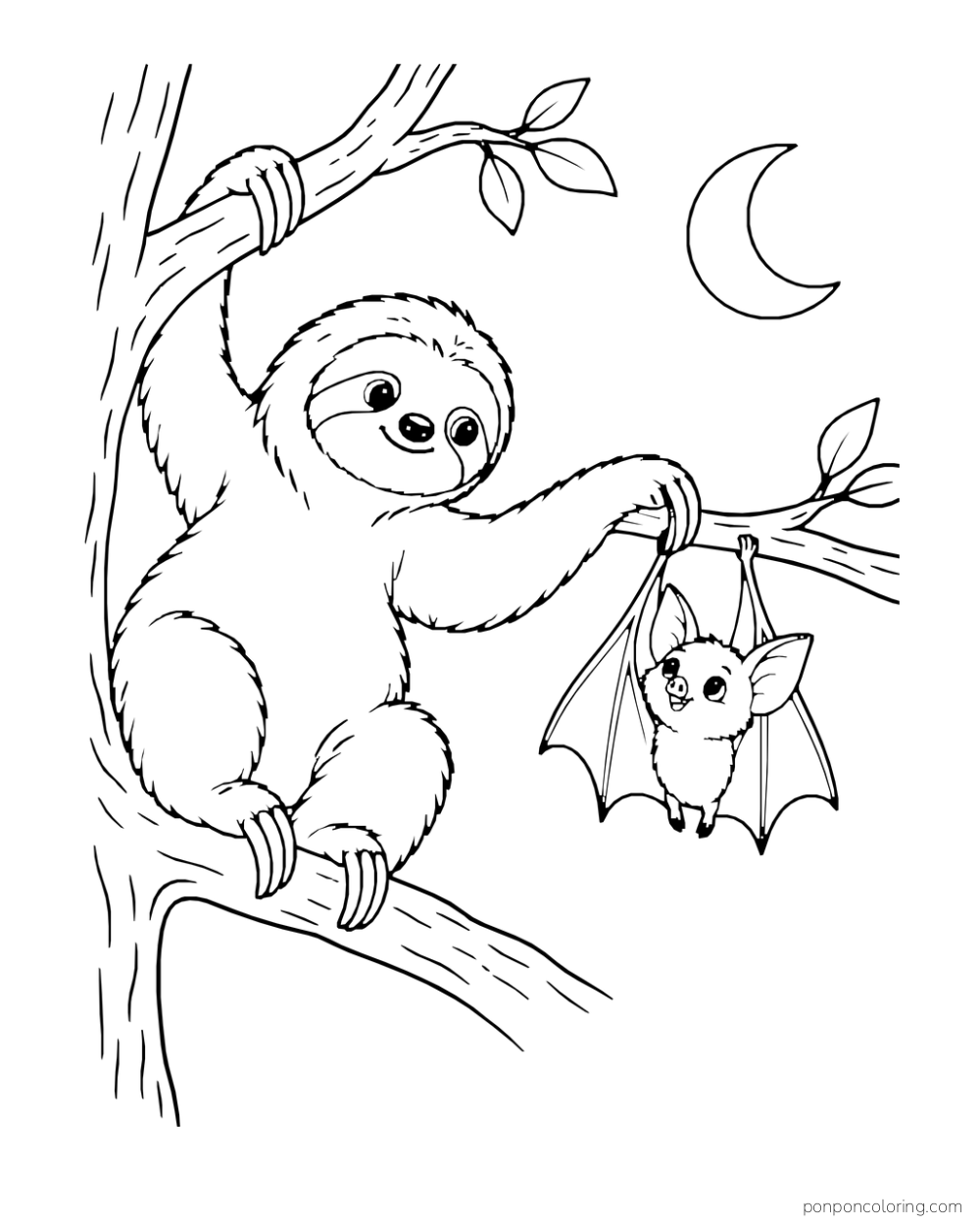 Sloth holding a twig beside a small bat hanging under a crescent moon.