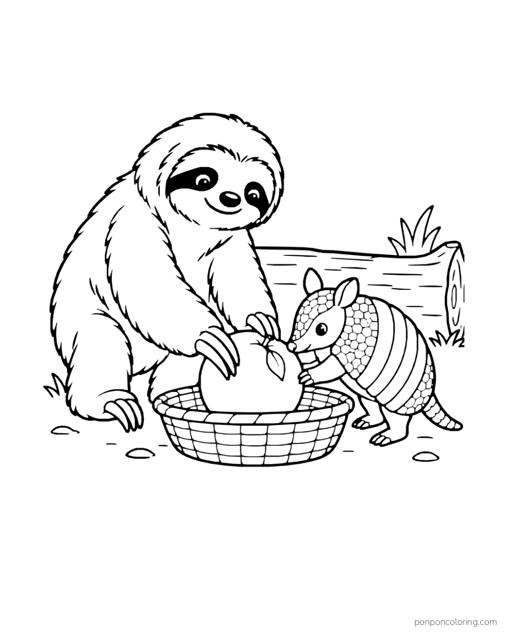 Sloth and armadillo placing a round fruit into a shallow basket by a log.