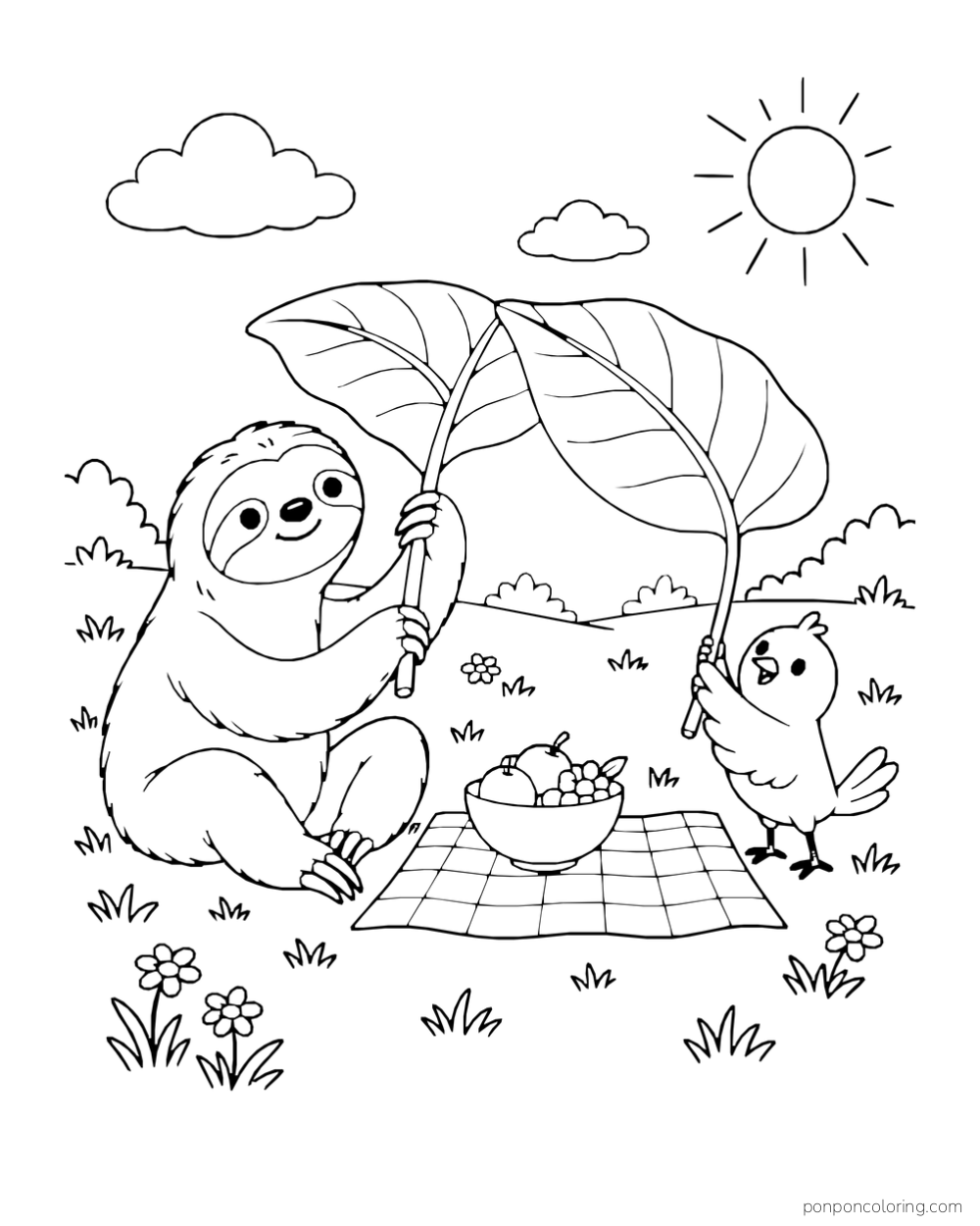 Sloth and bird each holding a broad leaf over a picnic cloth and fruit bowl.