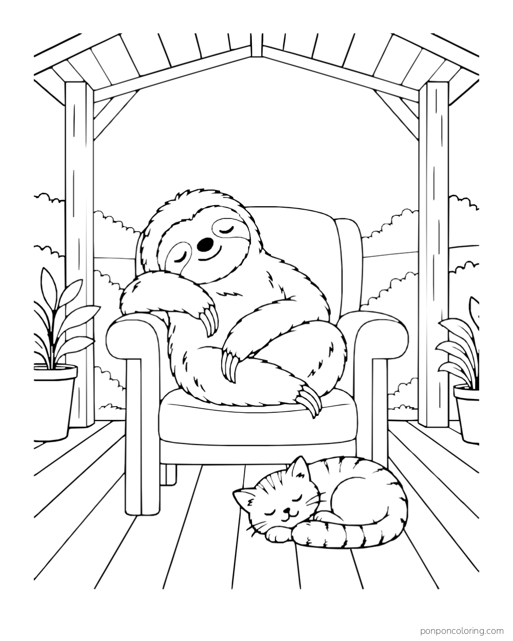 Sloth asleep in an armchair beneath a porch roof with a cat curled at its feet.