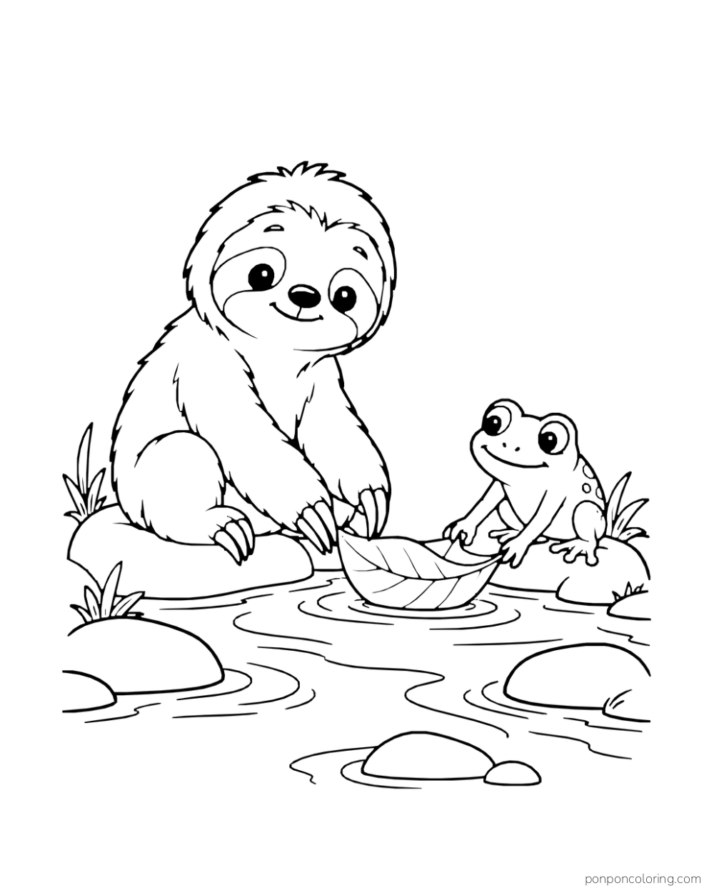 Sloth hanging from one branch and reaching toward a frog on a nearby twig.