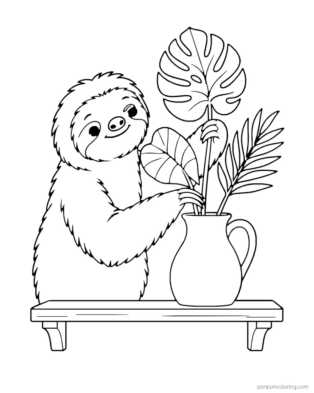 Sloth placing broad tropical leaves in a jug on a narrow shelf.
