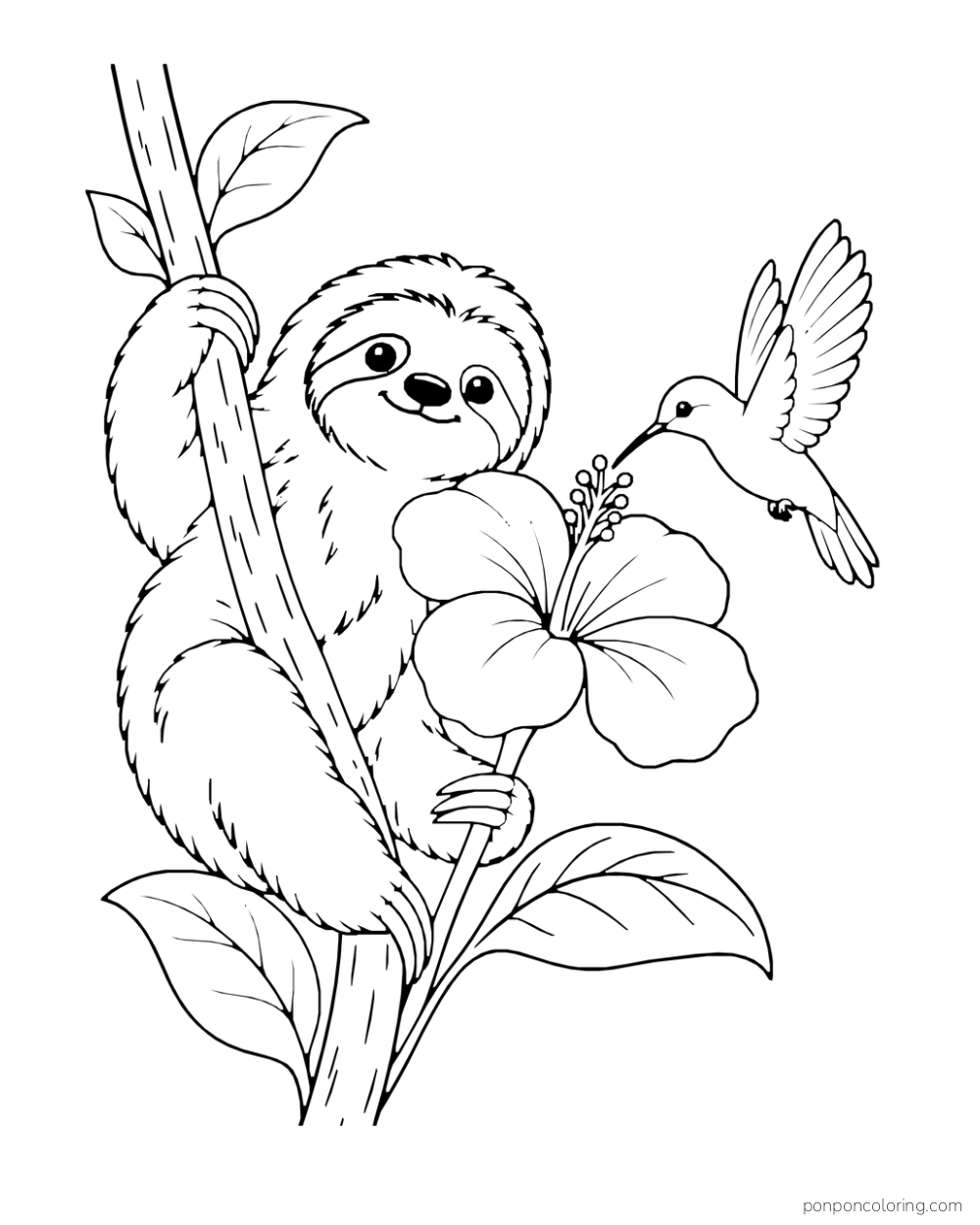 Sloth holding a large flower while a hummingbird hovers at its center.