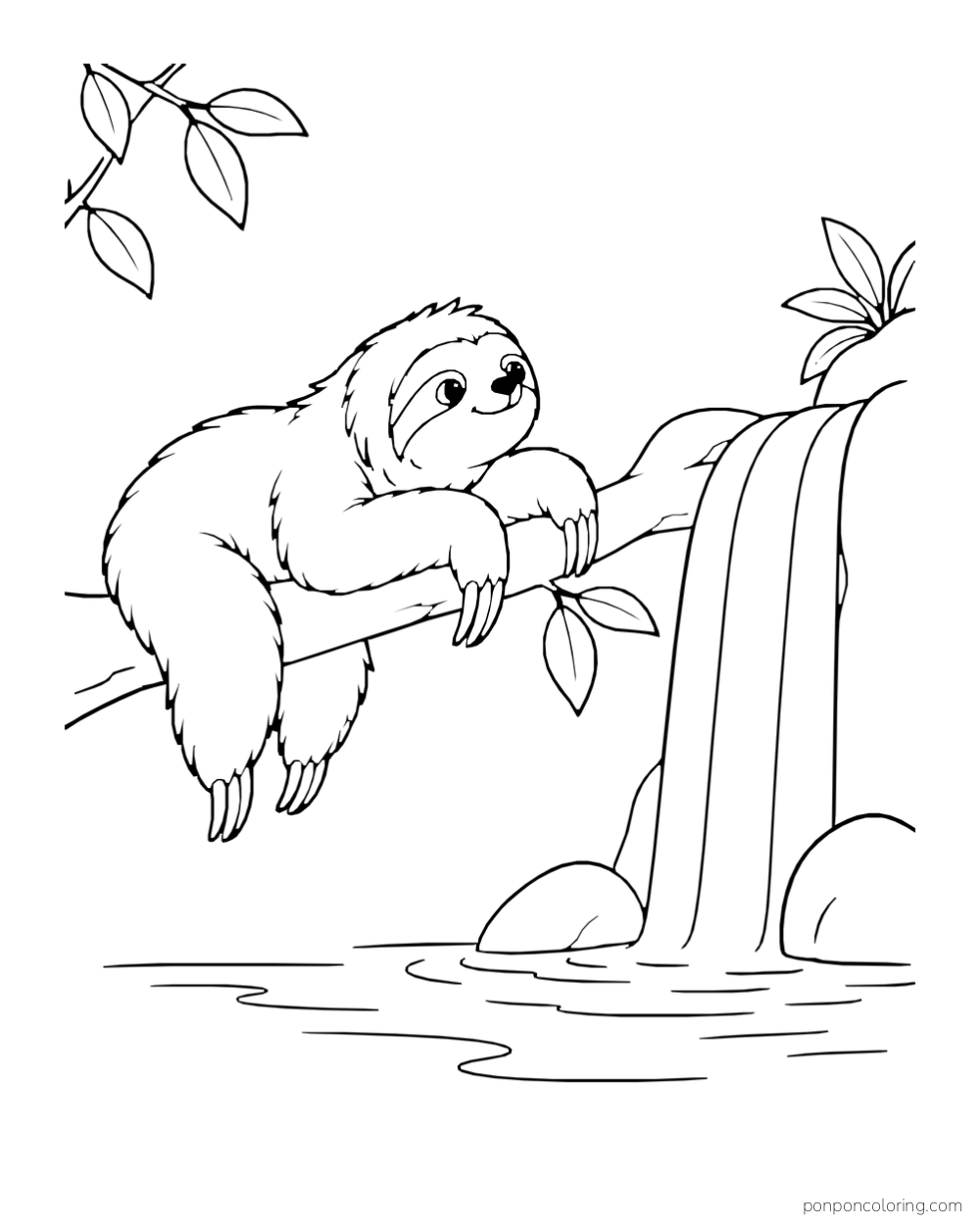 Sloth resting on a branch beside a waterfall drawn in broad flowing bands.
