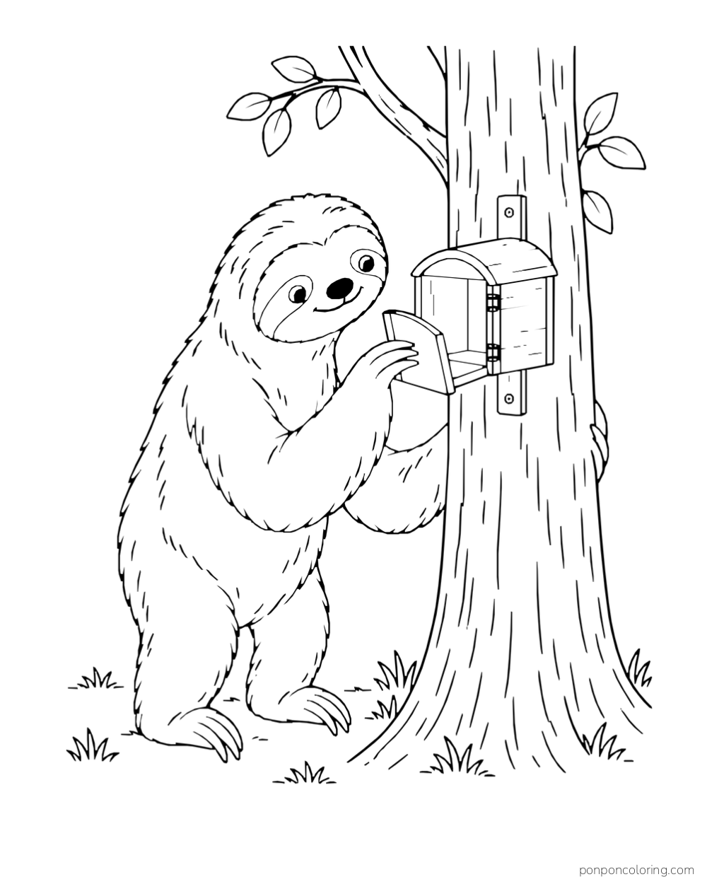 Sloth opening a tiny mailbox fixed to a tree while holding a blank paper.