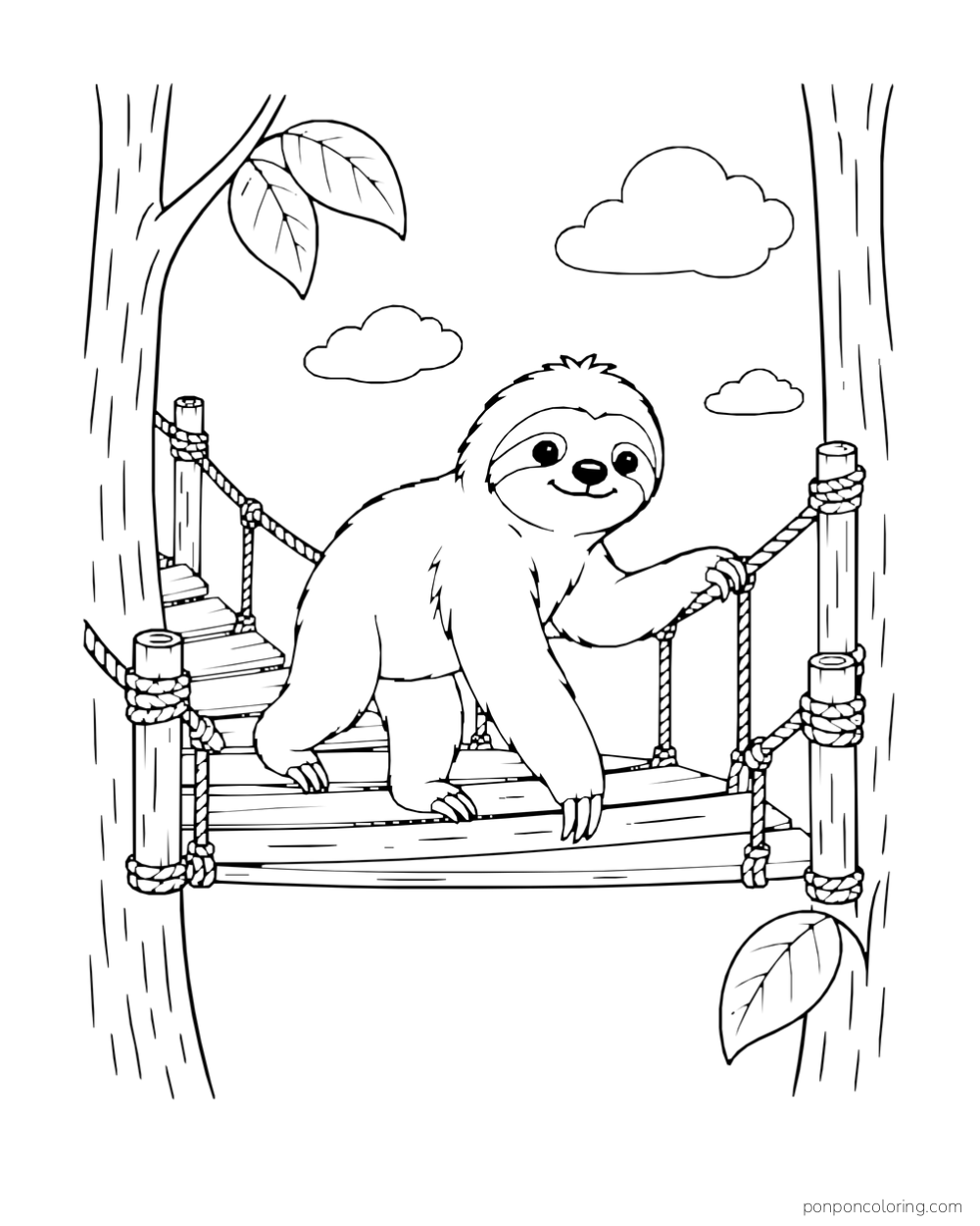 Sloth stepping across a short wooden bridge and gripping its side rope.