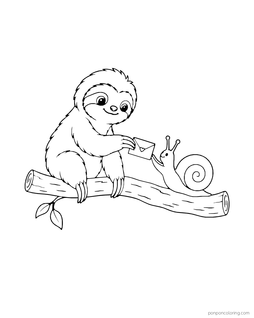 Sloth bending toward a snail on a log with a small envelope in one paw.
