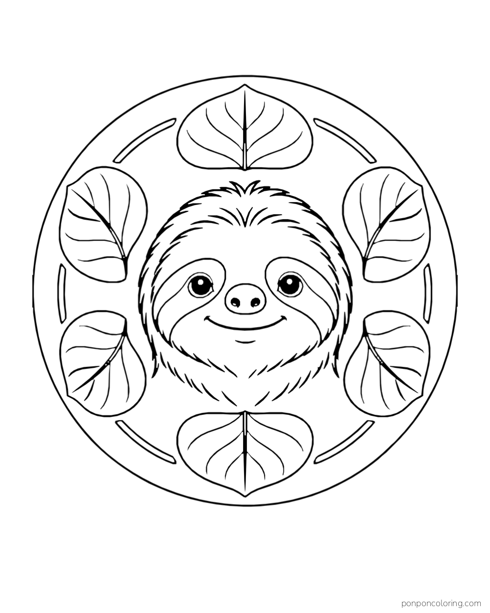 Sloth face centered in a circular medallion surrounded by six broad leaves.
