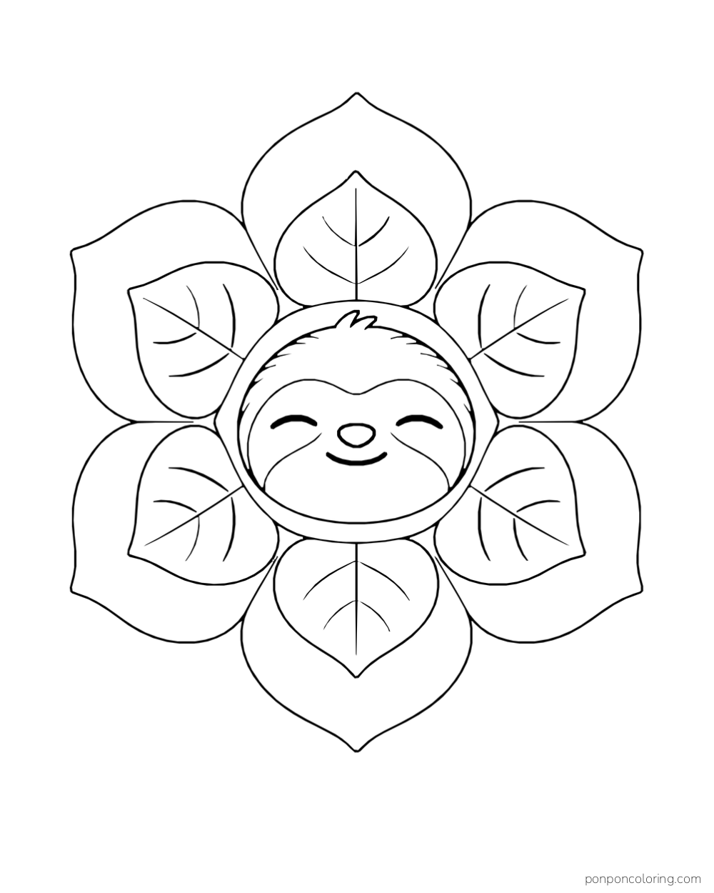 Smiling sloth face at the center of a roomy flower-like ring of broad leaves.