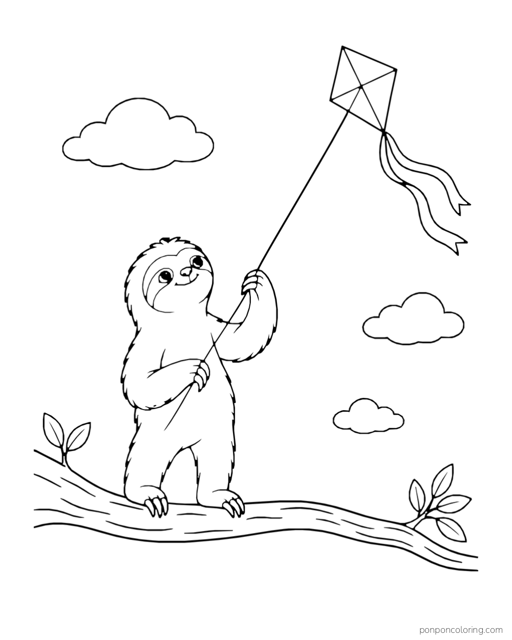 Sloth standing on a low branch holding the string of a diamond kite.
