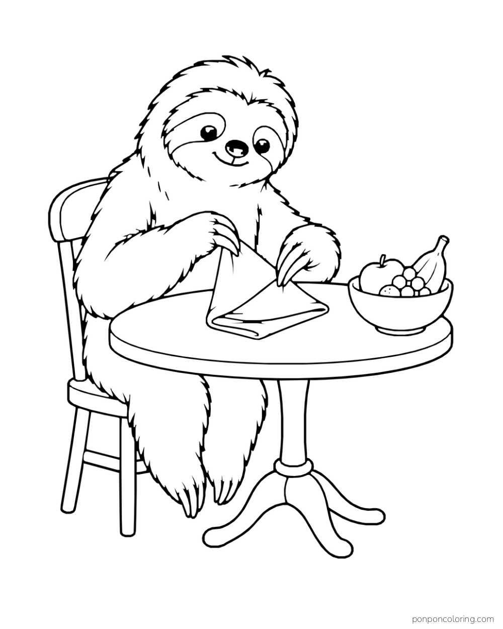 Sloth folding a cloth napkin at a round table beside a bowl of fruit.