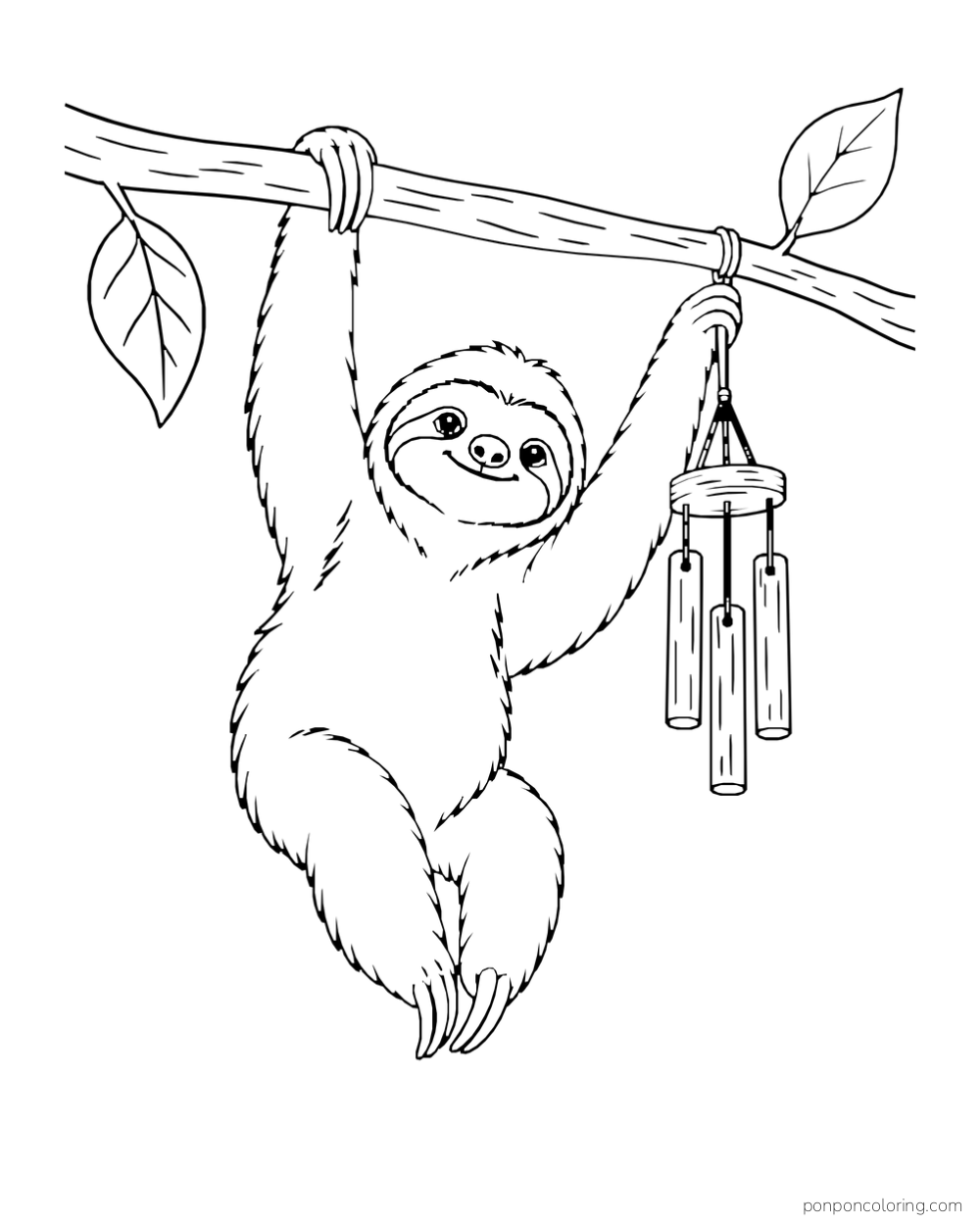 Sloth holding a three-tube wind chime cord against a branch with one paw.