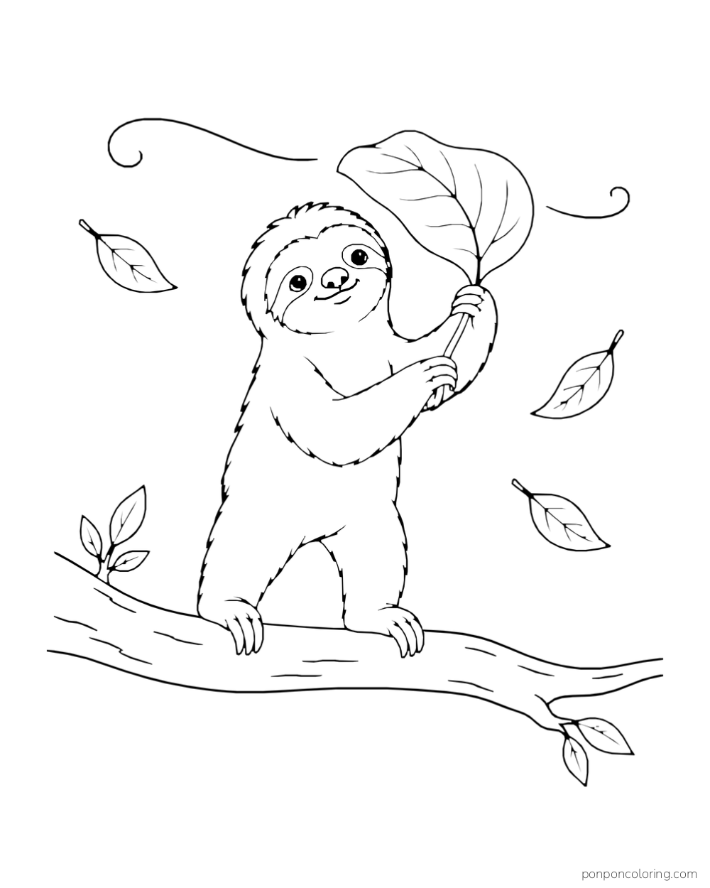 Sloth gripping a broad leaf on a branch as other leaves blow past.