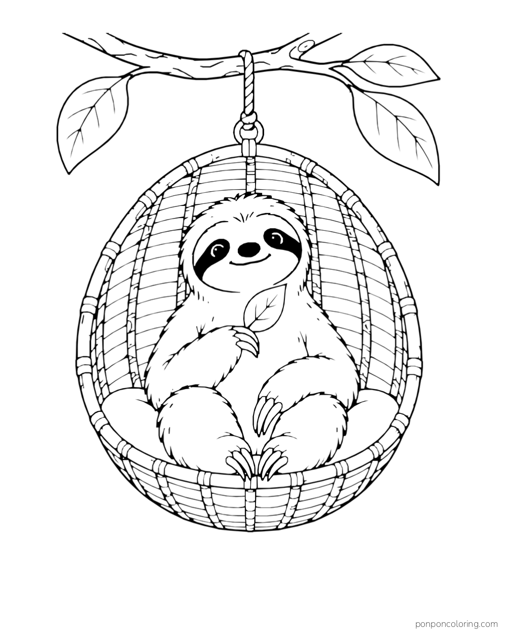 Sloth seated in a rounded woven hanging chair and holding one leaf.