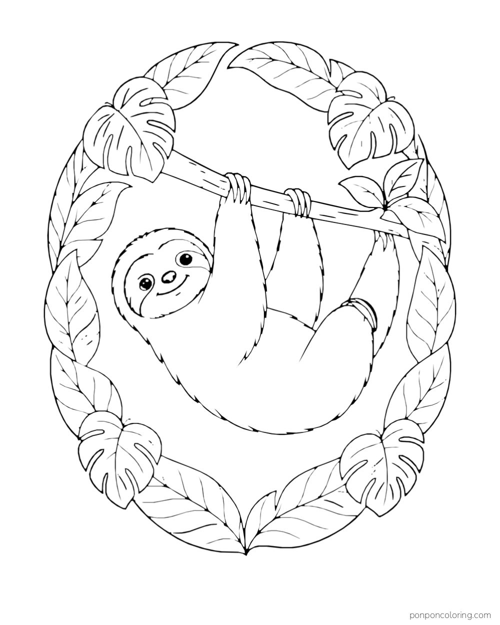 Sloth hanging sideways from a branch inside an oval frame of tropical leaves.
