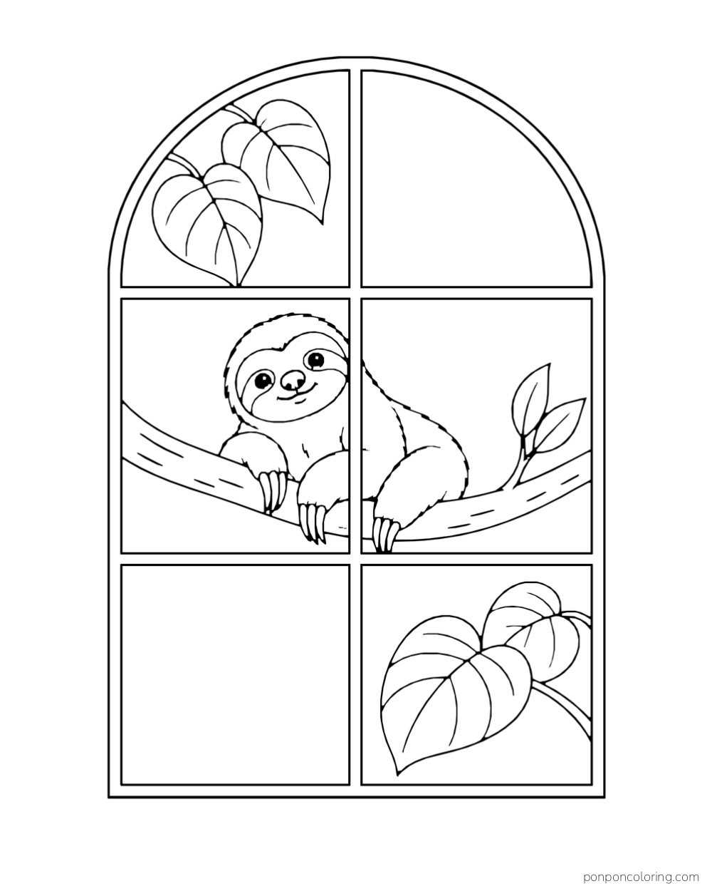 Sloth on a branch inside an arched window with six large panes and leaf motifs.