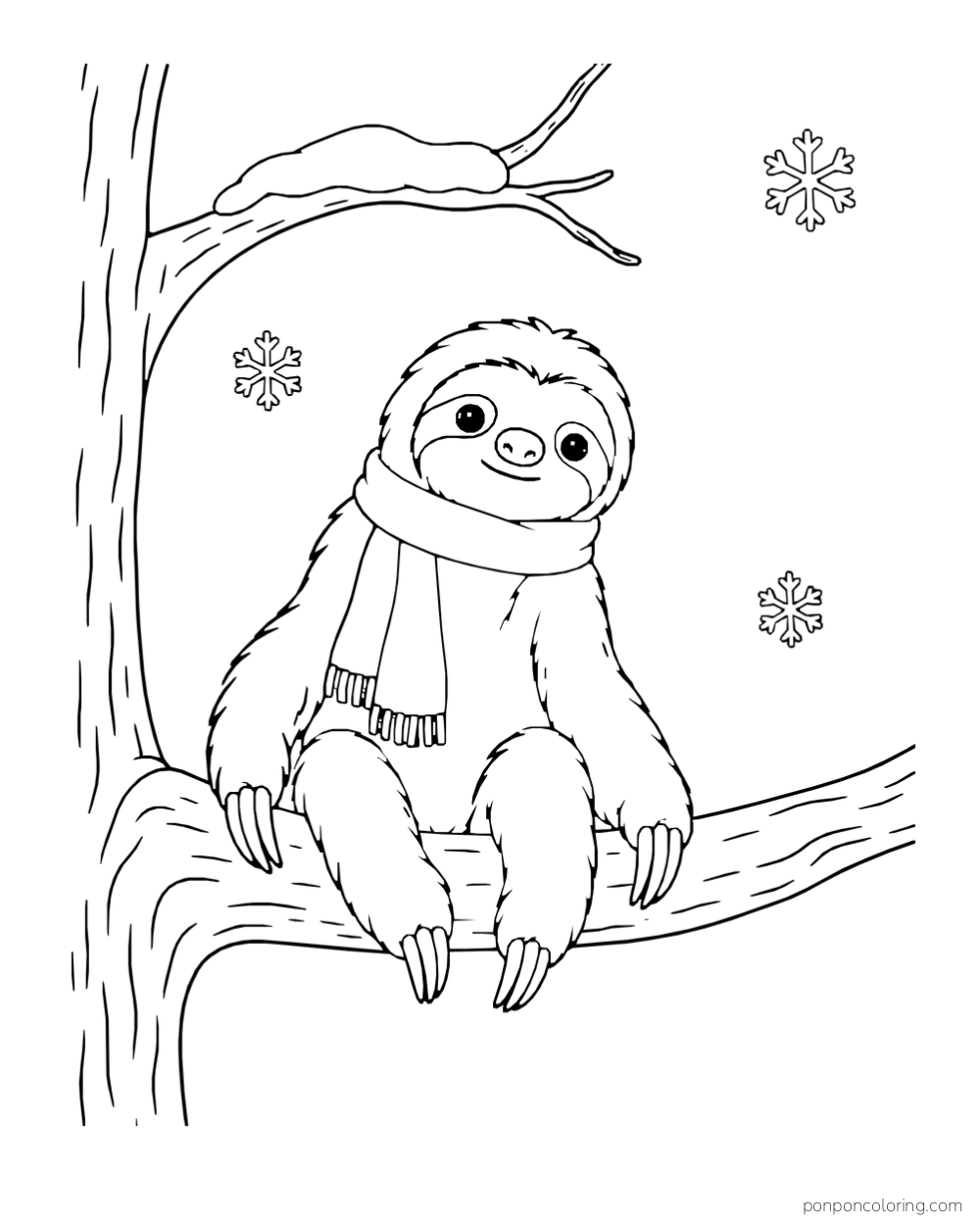 Sloth seated on a branch wearing a scarf beneath a little patch of snow.
