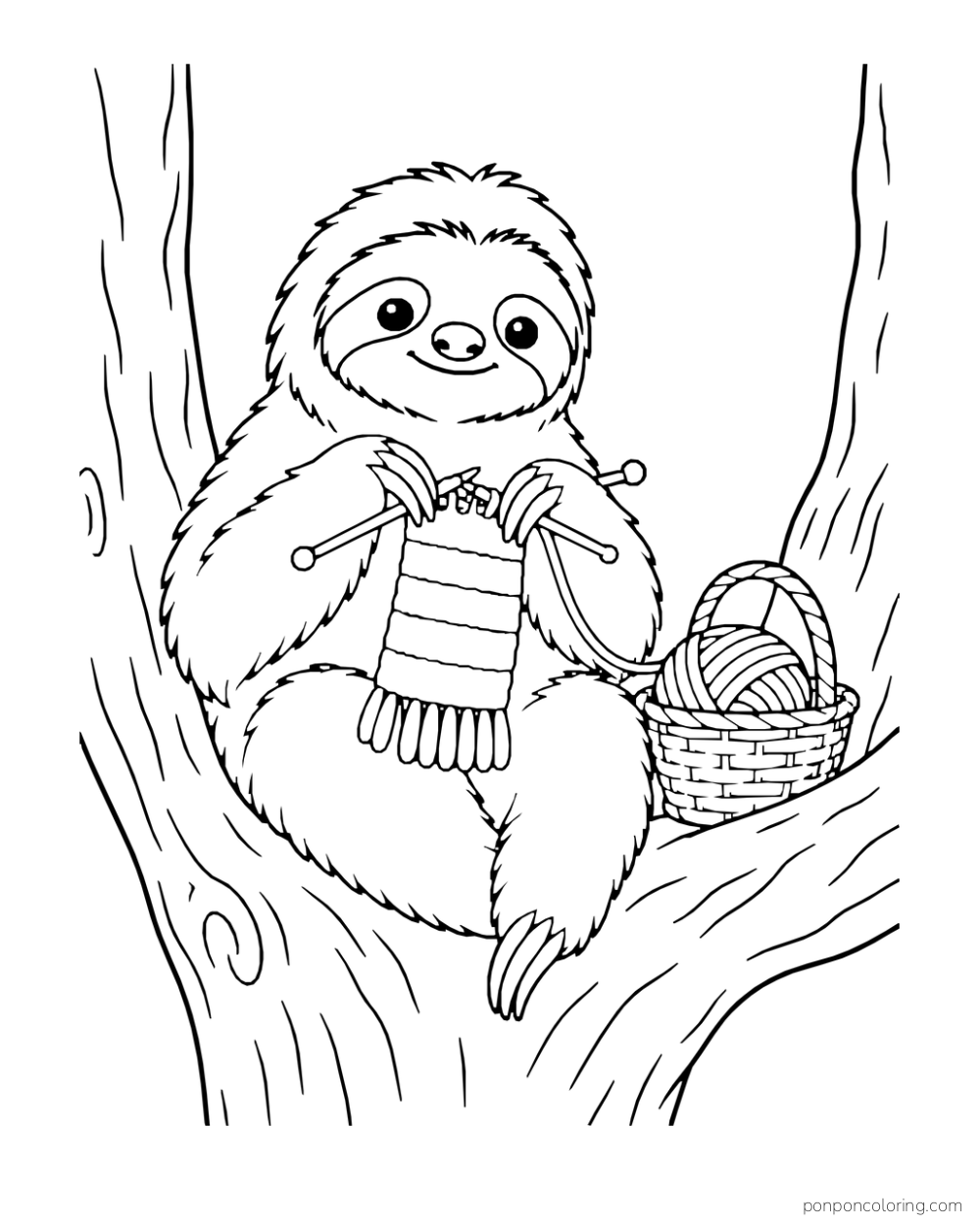 Sloth seated in a tree fork with knitting needles, a short scarf, and yarn in a basket.