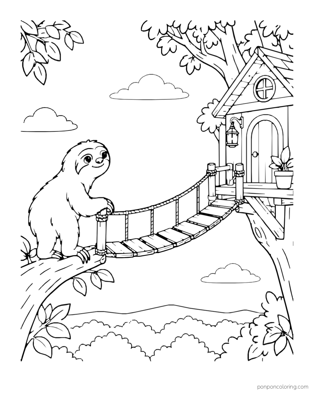 Sloth at one end of a short branch bridge facing a treehouse with a hanging lantern.