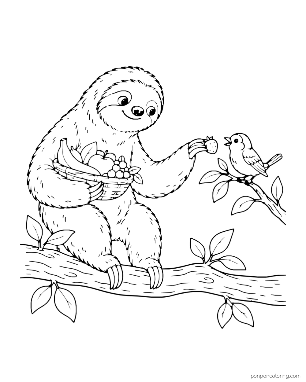 Sloth carrying a shallow basket and offering a berry to a bird on a nearby twig.