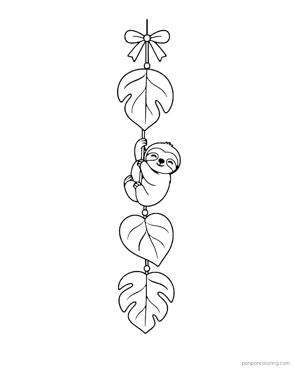 Small sloth hanging on a vertical garland of three leaves beneath a bow.