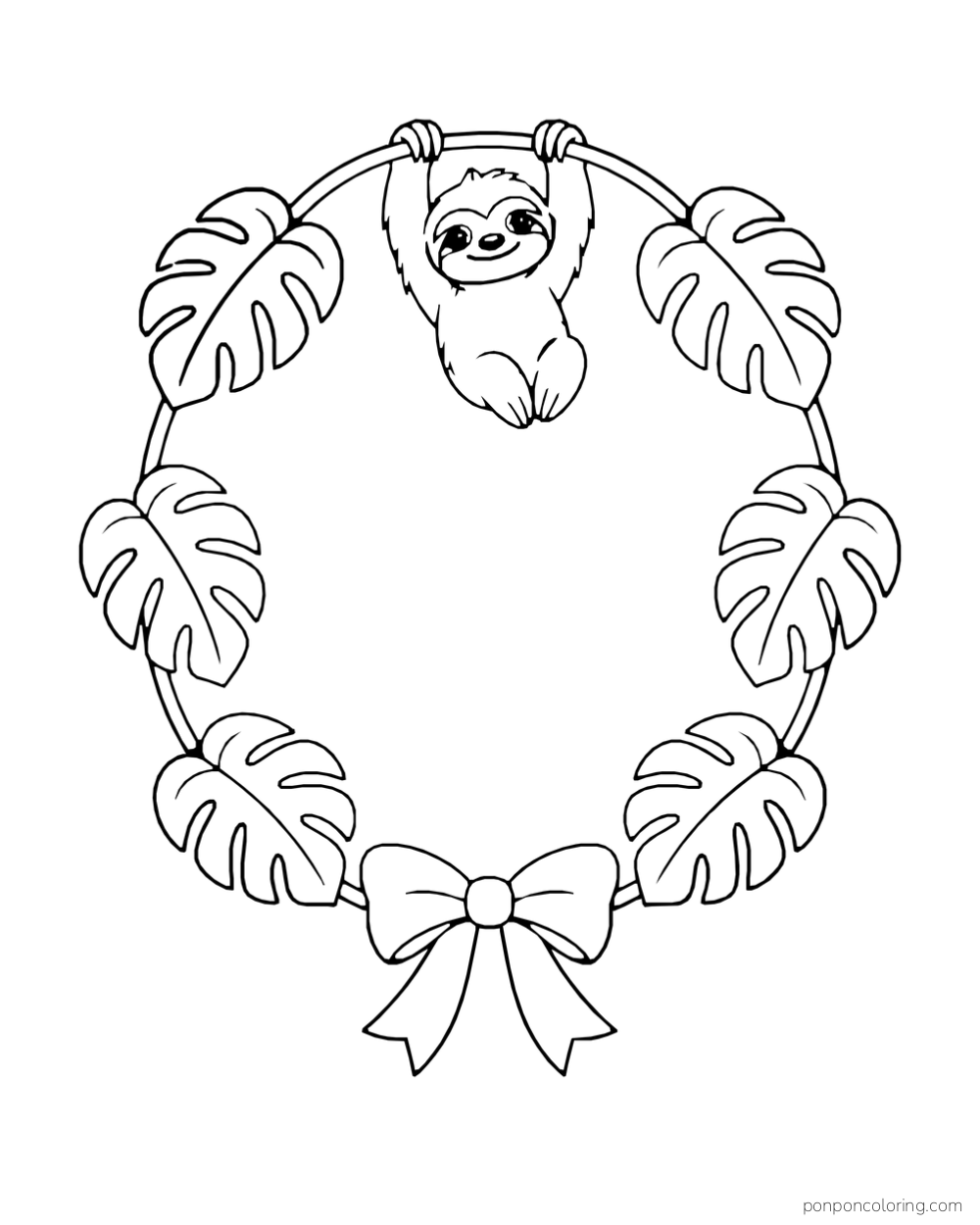 Tiny sloth hanging from the top of a circular leaf wreath with a bow below.