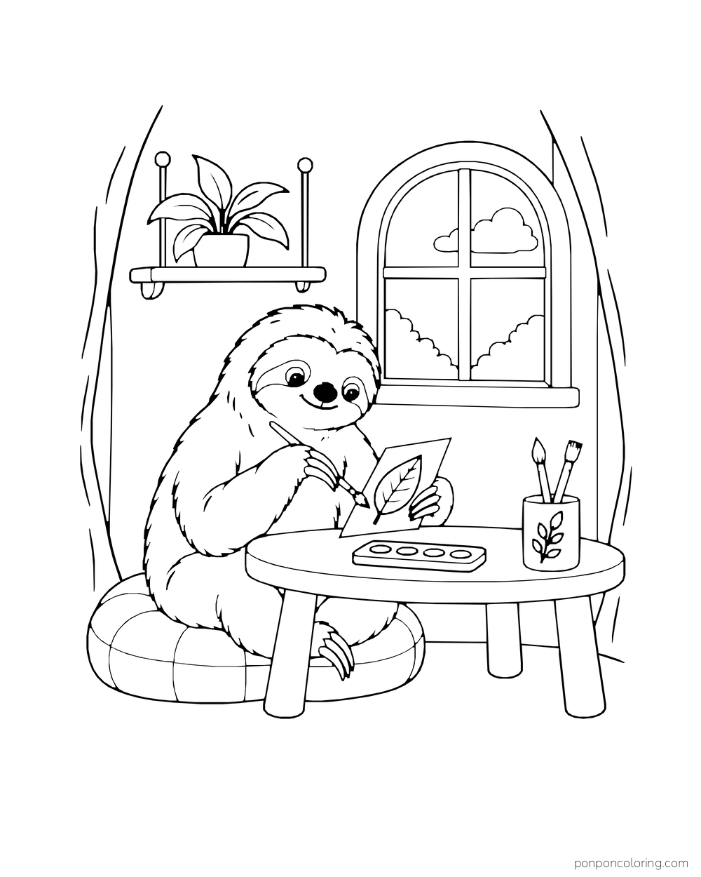Sloth painting a leaf design on a card at a small work table.