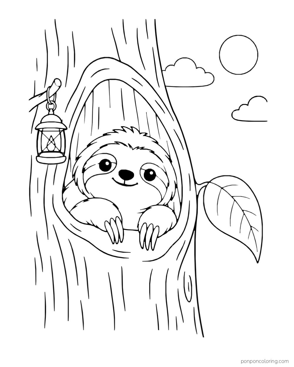 Sloth resting both paws on a round tree hollow beside a hanging lantern.