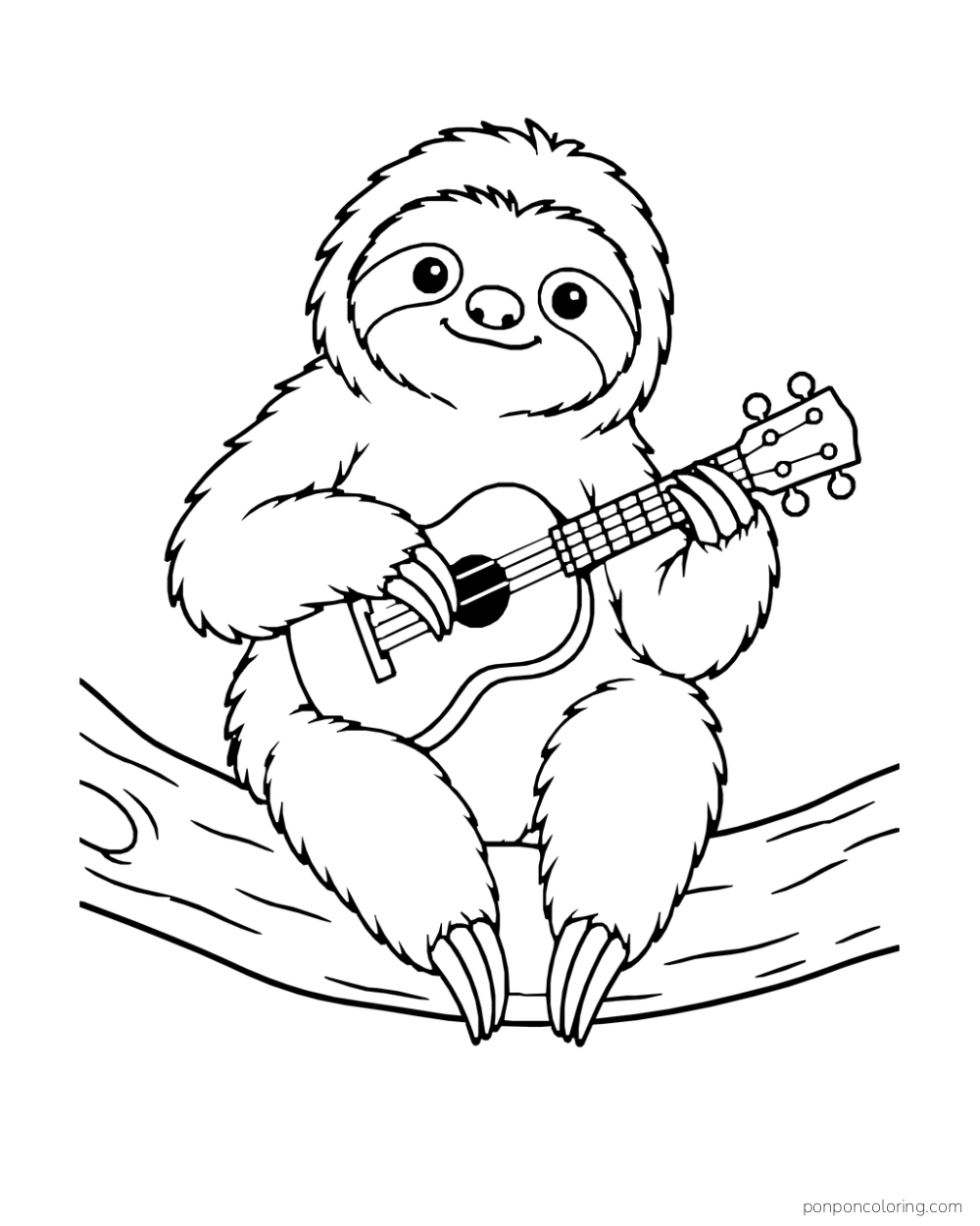 Sloth seated on a branch holding a small ukulele in both paws.