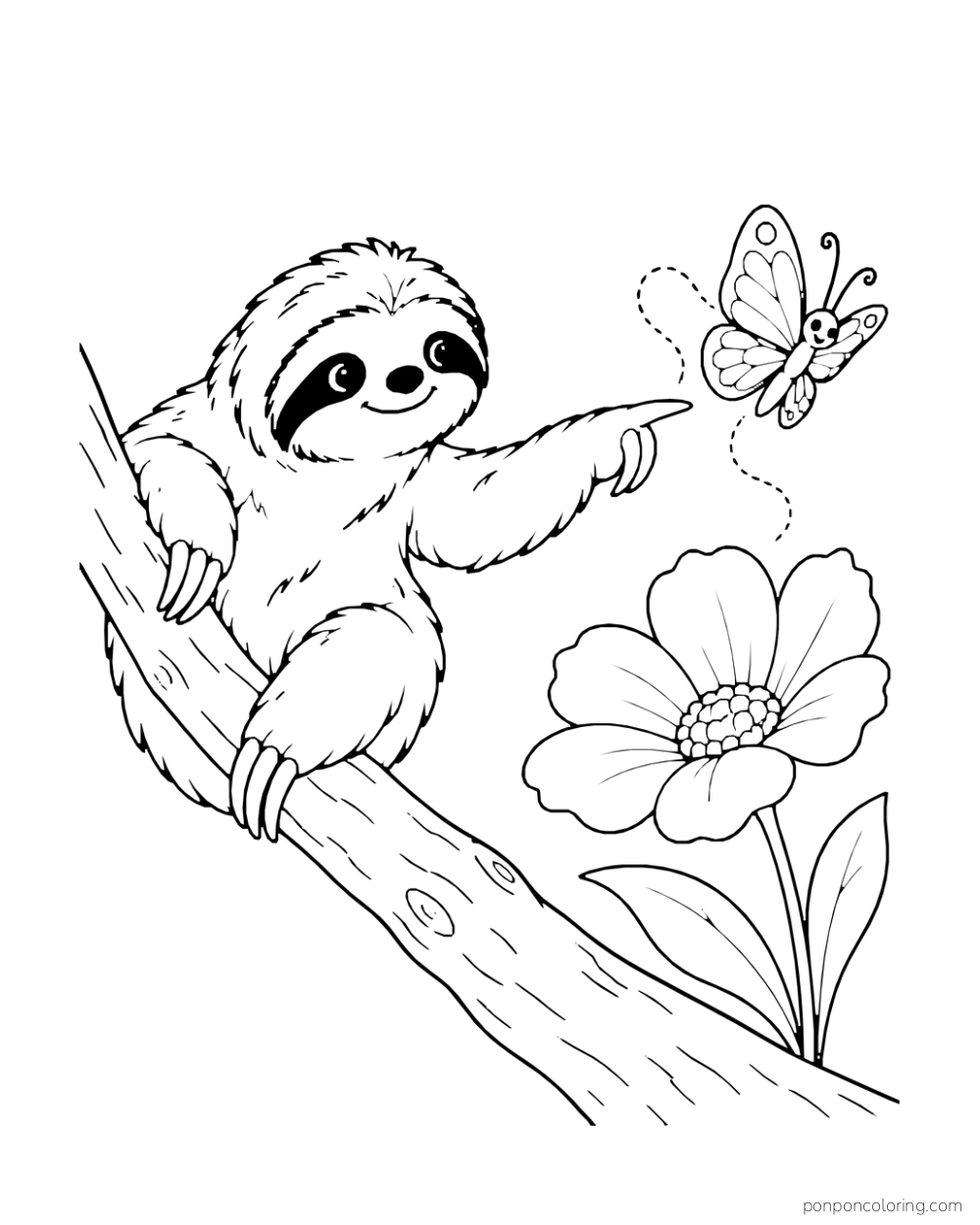 Sloth on a branch pointing toward a butterfly above one large flower.