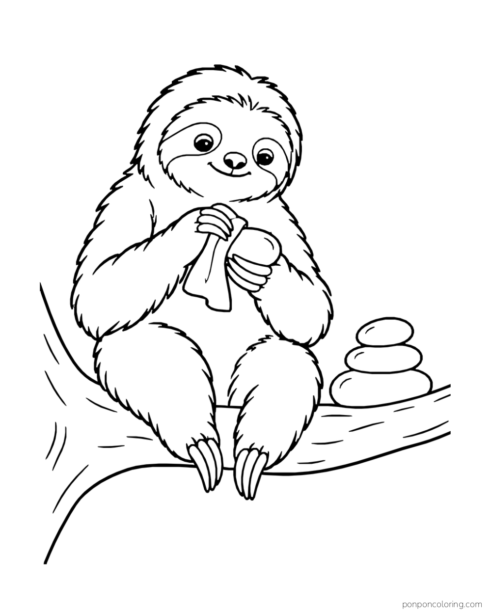 Sloth seated on a branch rubbing one smooth stone with a cloth beside a short stone stack.