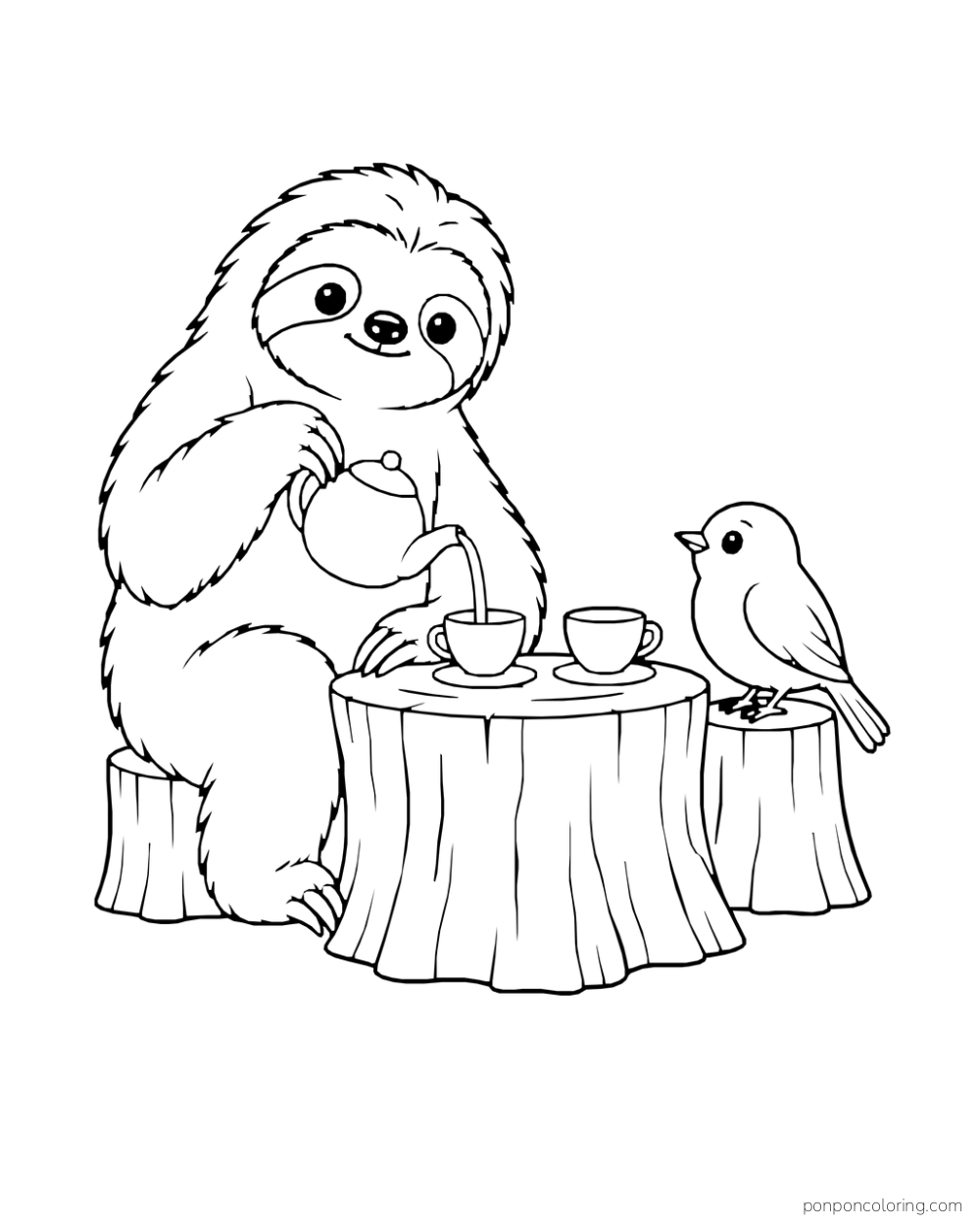 Sloth pouring tea at a stump table while a little bird waits on another stump.