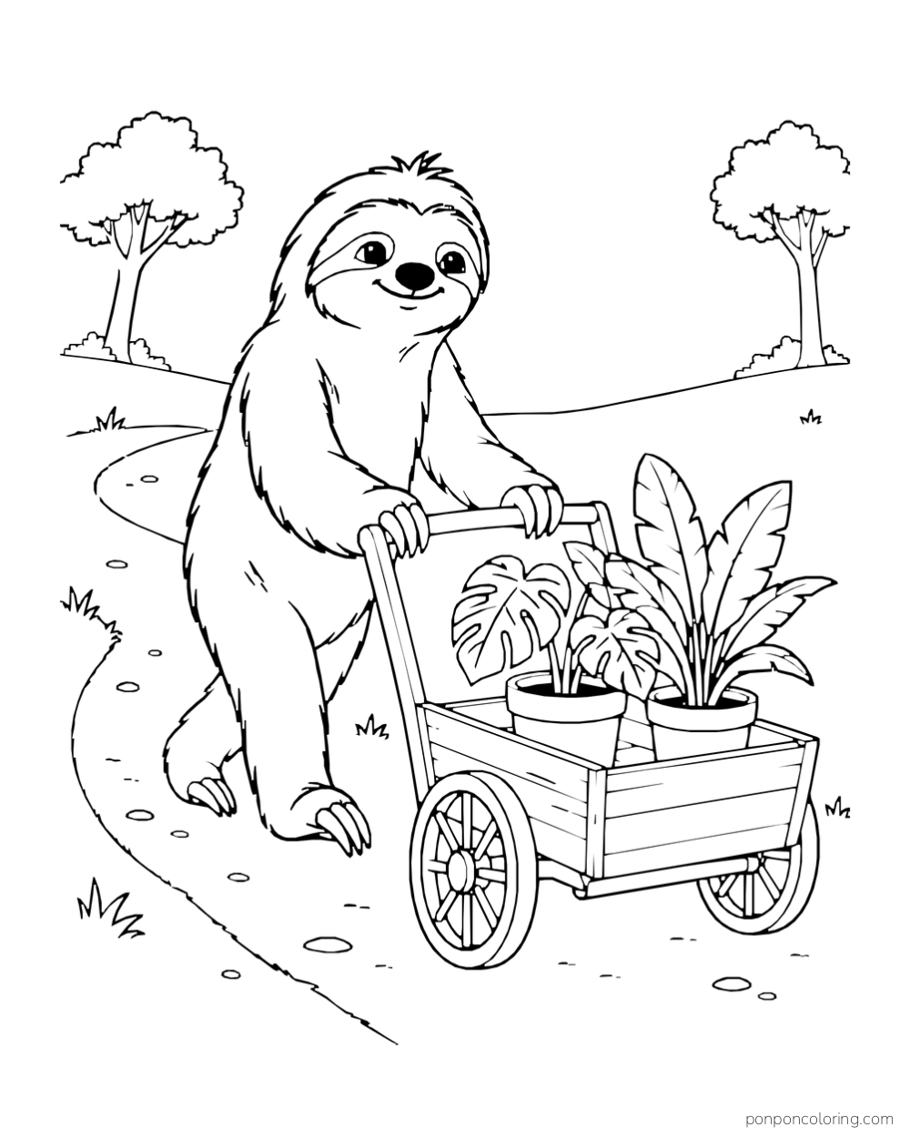 Sloth pushing a two-wheeled cart with two potted tropical plants along a path.
