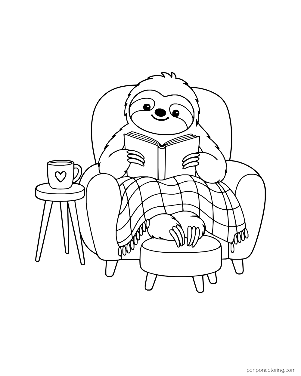 Sloth holding a book under a checked blanket in an armchair, with a mug and footstool nearby.