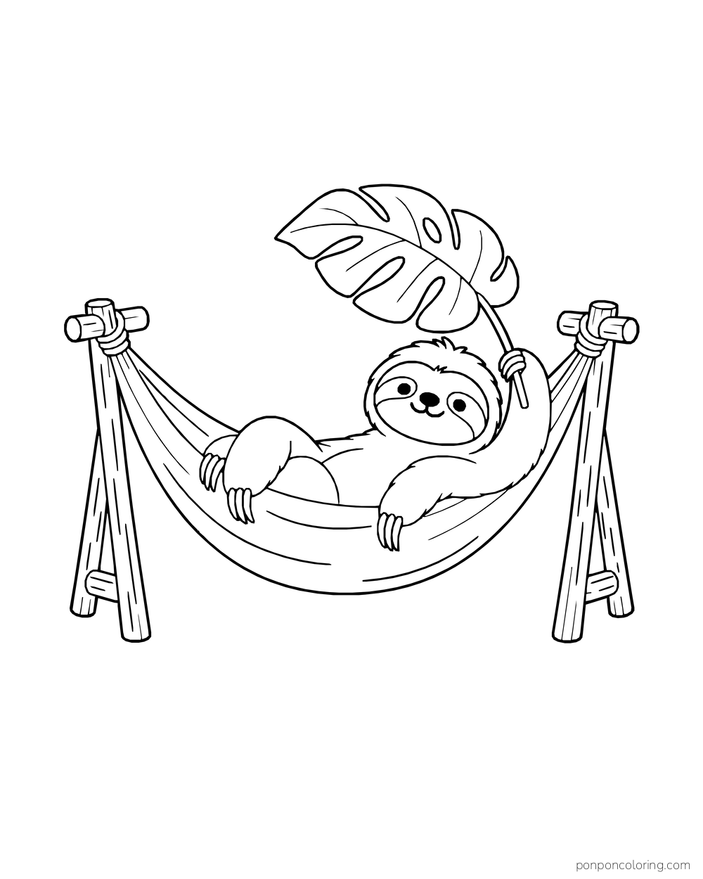 Sloth reclining in a hammock between wooden stands while holding a large leaf overhead.