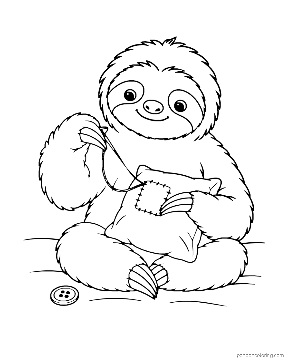 Sloth stitching a patch onto a small cushion with a loose button nearby.