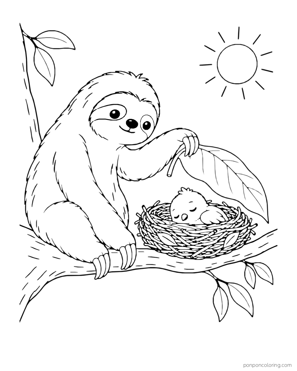 Sloth holding a broad leaf above a sleeping bird in a nest beneath the sun.
