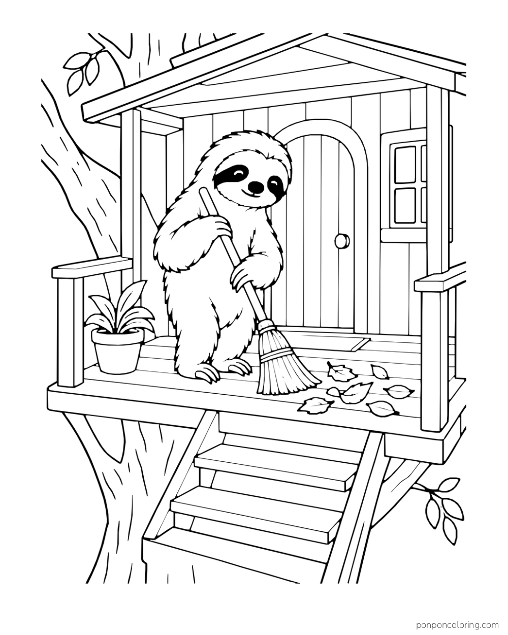 Sloth sweeping leaves from a small treehouse porch with a broom.