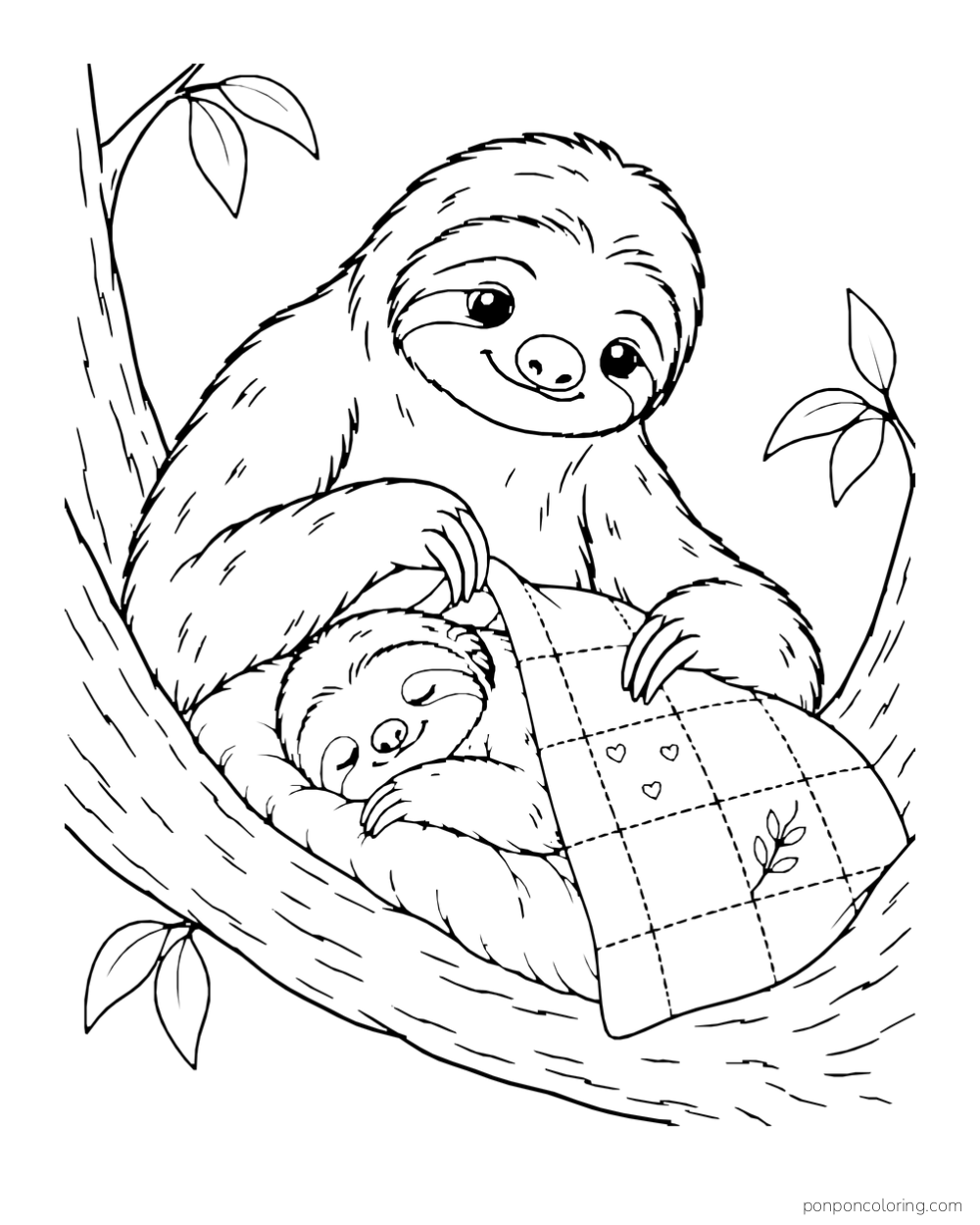 Adult sloth folding a small quilt over a sleeping baby in a branch nook.