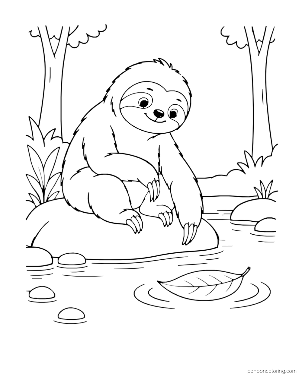 Sloth seated on a riverside stone watching a broad leaf drift through ripples.